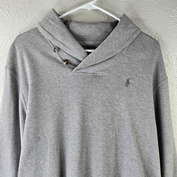 Ralph Lauren Shawl Collar Sweater Mens M Gray Preppy Pullover Logo Long Sleeve - Picture 4 of 13